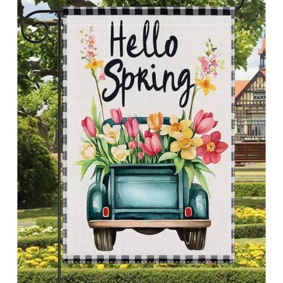 Garden Flag 12x18in Burlap Double-sided Hello Spring Truck Floral New - Picture 1 of 1